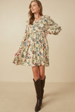 HY7540W Violet Plus Floral Print Button Up V Neck Smock Detail Dress Gif