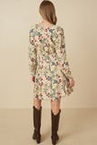 HY7540 Sand Womens Floral Print Button Up V Neck Smock Detail Dress Pose