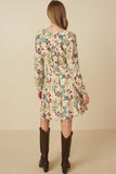 HY7540W Rust Plus Floral Print Button Up V Neck Smock Detail Dress Full Body