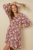 Floral Print Button Up V Neck Smock Detail Dress