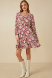 HY7540 Rust Womens Floral Print Button Up V Neck Smock Detail Dress Gif