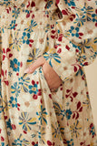 HY7540W Violet Plus Floral Print Button Up V Neck Smock Detail Dress Front