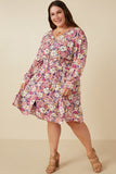 HY7540 Violet Womens Floral Print Button Up V Neck Smock Detail Dress Pose