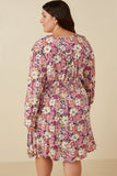 HY7540 Violet Womens Floral Print Button Up V Neck Smock Detail Dress Gif