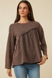 HY7557W Charcoal Plus Long Sleeve Asymmetric Hem Washed Top Front