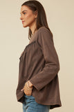 HY7557 Charcoal Womens Long Sleeve Asymmetric Hem Washed Top Full Body