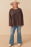 HY7557W Charcoal Plus Long Sleeve Asymmetric Hem Washed Top Gif