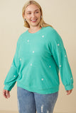 HY7577W Pink Plus Brushed Textured Floral Embroidered Sweatshirt Front