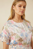 HY7588 Ivory Womens Floral Ruffle Sleeve Foiled Top Full Body