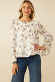 HY7590 Ivory Womens Textured Satin Floral Asymmetric Peasant Sleeve Top Front