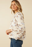 HY7590 Ivory Womens Textured Satin Floral Asymmetric Peasant Sleeve Top Full Body