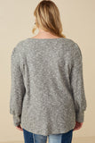 HY7609W Grey Plus Textured V Neck Speckled Rib Knit Top Full Body