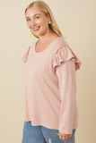 HY7616 Mauve Womens Marled Textured Ruffle Detail Scoop Neck Knit Top Full Body