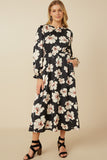 HY7623 Black Womens Romantic Floral Ruffle Neck Cinched Cuff Dress Full Body