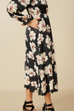 HY7623 Black Womens Romantic Floral Ruffle Neck Cinched Cuff Dress Side