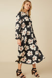 HY7623 Black Womens Romantic Floral Ruffle Neck Cinched Cuff Dress Back