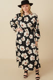 HY7623W Black Plus Romantic Floral Ruffle Neck Cinched Cuff Dress Full Body