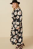 HY7623W Black Plus Romantic Floral Ruffle Neck Cinched Cuff Dress Back