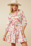 HY7627W Ivory Plus Satin Floral Long Sleeve Belted Flare Skirt Dress Front