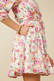 HY7627 Ivory Womens Satin Floral Long Sleeve Belted Flare Skirt Dress Full Body