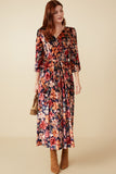 Floral Surplice Belted Velvet Dress