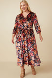 HY7633W Navy Plus Floral Surplice Belted Velvet Dress Full Body