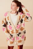 Fuzzy Textured Floral Relaxed Sweater Cardigan