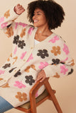 HY7638W Taupe Plus Fuzzy Textured Floral Relaxed Sweater Cardigan Pose