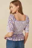 HY7649 Lavender Womens Square Neck Smocked Floral Velvet Peplum Top Detail