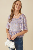 HY7649 Lavender Womens Square Neck Smocked Floral Velvet Peplum Top Pose 2