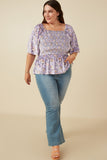 HY7649 Lavender Womens Square Neck Smocked Floral Velvet Peplum Top Front