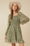 HY7655 Olive Womens Smocked Square Neck Floral Mini Dress Gif