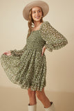 HY7655 Olive Womens Smocked Square Neck Floral Mini Dress Back