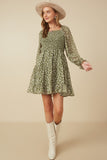 HY7655 Olive Womens Smocked Square Neck Floral Mini Dress Side