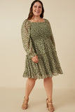 HY7655 Olive Womens Smocked Square Neck Floral Mini Dress Full Body