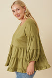 HY7663W Olive Plus Vegan Suede Tiered Puff Sleeve Top Side