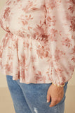 HY7665W Taupe Plus Satin Floral Long Sleeve Peplum Top Gif