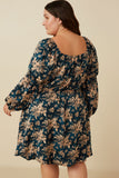 HY7667W Teal Plus Floral Peasant Sleeve Square Neck Dress Full Body