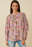 HY7673W Purple Plus Floral Smocked Yoke Dolman Sleeve Top Pose