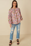 HY7673 Purple Womens Floral Smocked Yoke Dolman Sleeve Top Gif