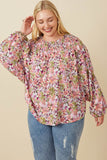 HY7673 Purple Womens Floral Smocked Yoke Dolman Sleeve Top Front