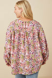 HY7673W Purple Plus Floral Smocked Yoke Dolman Sleeve Top Full Body