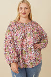 HY7673W Purple Plus Floral Smocked Yoke Dolman Sleeve Top Detail