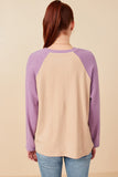 HY7679 Taupe Womens Merci Applique Brushed Color Block Raglan Top Detail