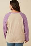 HY7679W Taupe Plus Merci Applique Brushed Color block Raglan Top Full Body