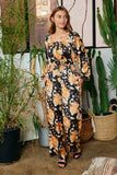 HY7683 Black Womens Satin Floral Smocked Waist Tie Front Jumpsuit Full Body