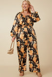 Satin Floral Smocked Waist Tie Front Jumpsuit