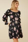 HY7683 Black Womens Satin Floral Smocked Waist Tie Front Jumpsuit Side