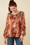 HY7685W Taupe Mix Plus Abstract Botanical Print Blocked Long Sleeve Top Pose