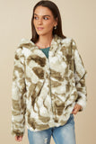 HY7690 Green Womens Camo Print Plush Hooded Jacket Back